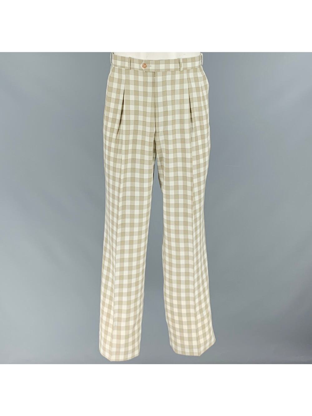 PRONTI Size 34 Cream Taupe Checkered Polyester Wide Leg Pleated Dress Pants